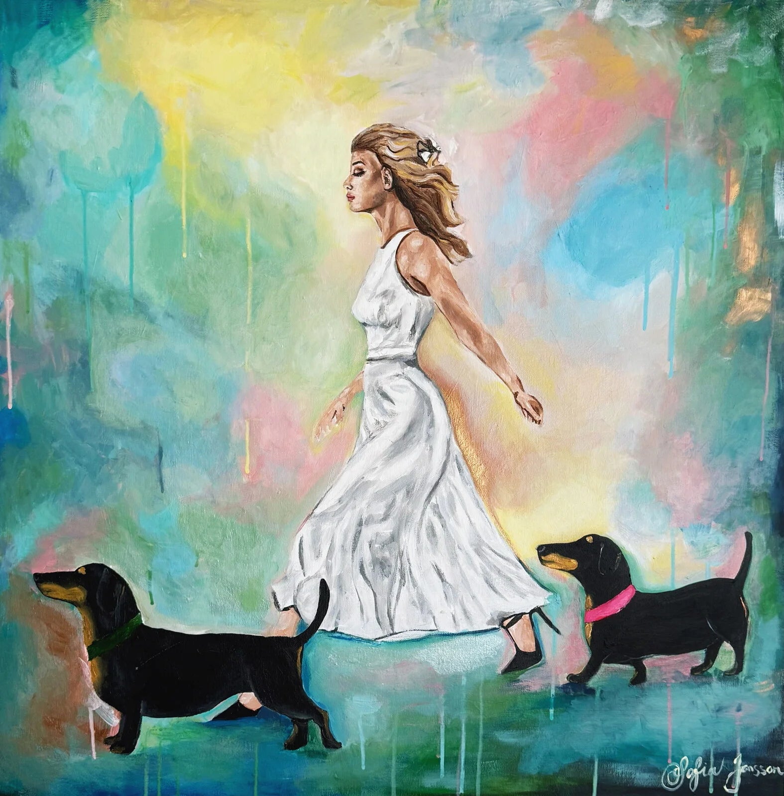 Handmålad tavla – Joyful | Färgstark rörelse & taxens charm