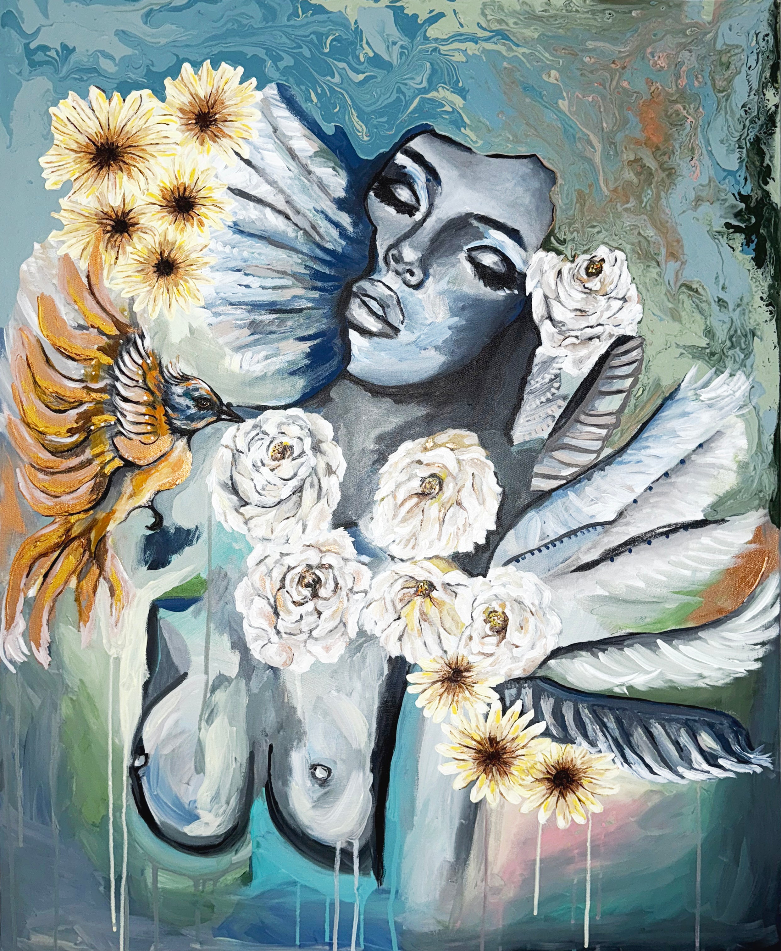 Handmålad tavla – Free | Harmonisk kraft i brons & pastell