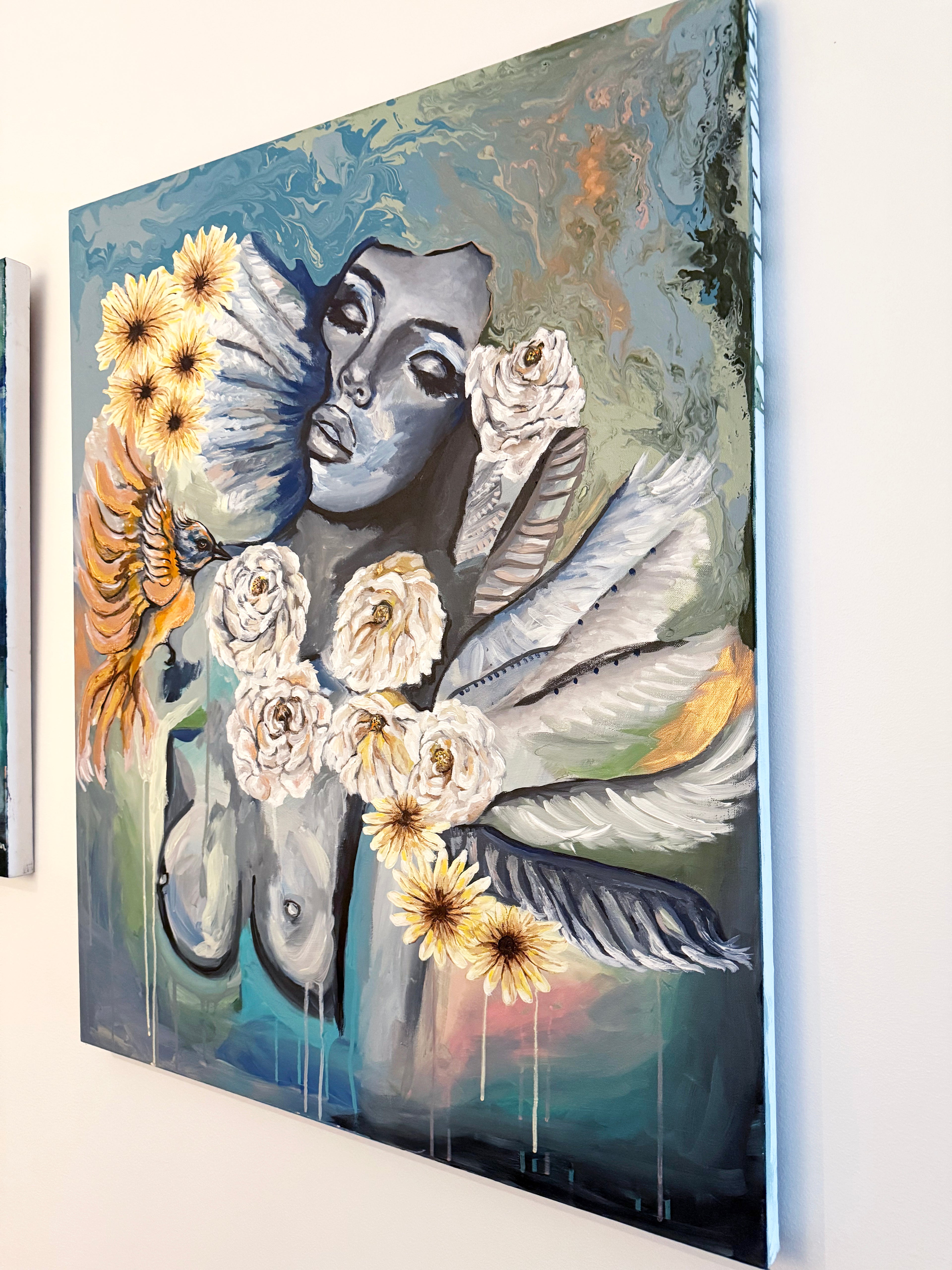 Handmålad tavla – Free | Harmonisk kraft i brons & pastell